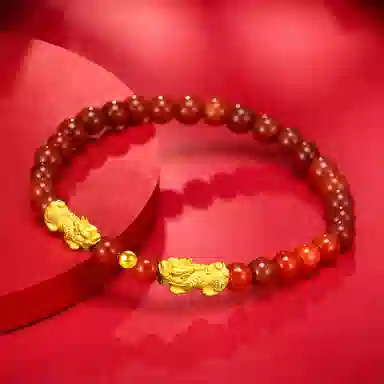 老庙 两貔貅一金珠精品串珠链 足金 一口价 黄金手串 女款