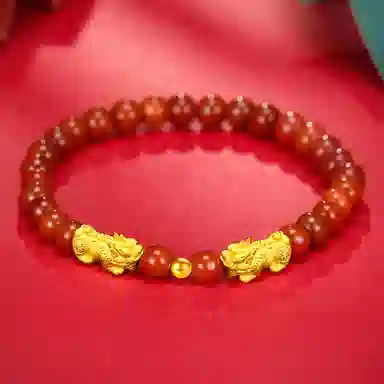 老庙 两貔貅一金珠精品串珠链 足金 一口价 黄金手串 女款