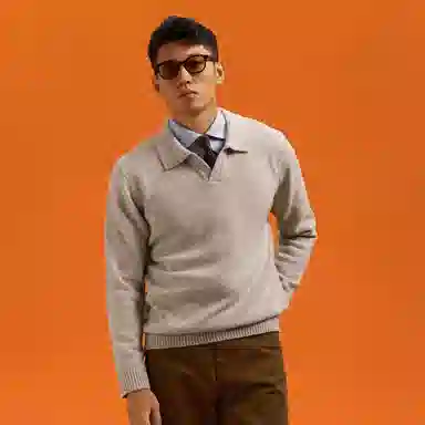 SKARO Heavy Wool Seagull Collar Knit Polo Sweater