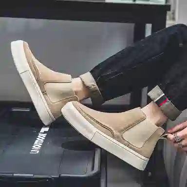 威世米邦 牛反绒 厚底百搭潮流复古英伦风一脚蹬户外雪地加绒保暖 短筒 切尔西靴 中跟 男款