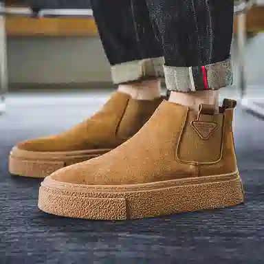 威世米邦 牛反绒 厚底百搭潮流复古英伦风一脚蹬户外雪地加绒保暖 短筒 切尔西靴 中跟 男款