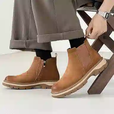 威世米邦 头层猪皮 百搭复古户外工装 潮流舒适 短筒 切尔西靴 男款