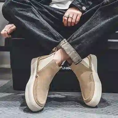 威世米邦 牛反绒 厚底百搭潮流复古英伦风一脚蹬户外雪地加绒保暖 短筒 切尔西靴 中跟 男款