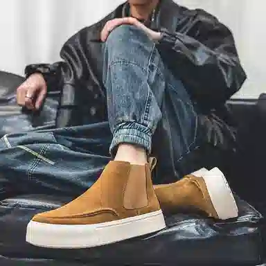 威世米邦 牛反绒 厚底百搭潮流复古英伦风一脚蹬户外雪地加绒保暖 短筒 切尔西靴 中跟 男款