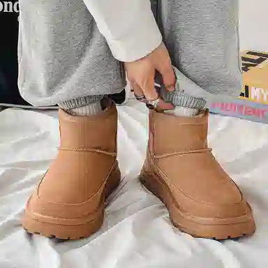 威世米邦 牛反绒 保暖防滑 厚底百搭 套筒一脚蹬 加绒舒适 短筒 雪地靴 男款 栗色