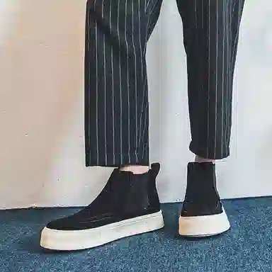 威世米邦 牛反绒 厚底百搭潮流复古英伦风一脚蹬户外雪地加绒保暖 短筒 切尔西靴 中跟 男款