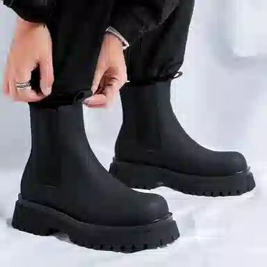 超纤皮 厚底时尚简约通勤休闲复古户外 短筒 切尔西靴 中跟 男款 经典黑色