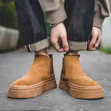 威世米邦 牛反绒 厚底百搭潮流复古英伦风一脚蹬户外雪地加绒保暖 短筒 切尔西靴 中跟 男款