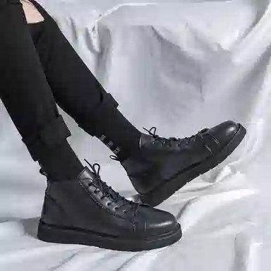 威世米邦 二层牛皮 潮流厚底高帮系带简约设计时尚百搭休闲马丁靴加绒保暖 短靴 男款 黑色