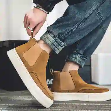 威世米邦 牛反绒 厚底百搭潮流复古英伦风一脚蹬户外雪地加绒保暖 短筒 切尔西靴 中跟 男款