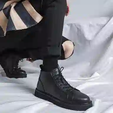 威世米邦 二层牛皮 潮流厚底高帮系带简约设计时尚百搭休闲马丁靴加绒保暖 短靴 男款 黑色