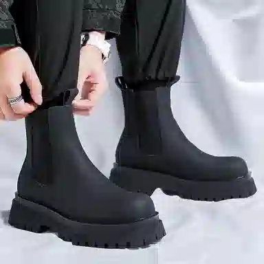 超纤皮 厚底时尚简约通勤休闲复古户外 短筒 切尔西靴 中跟 男款 经典黑色