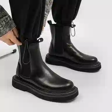 威世米邦 二层牛皮 高级感烟筒复古英伦风潮流百搭休闲 短筒 切尔西靴 男款 黑色