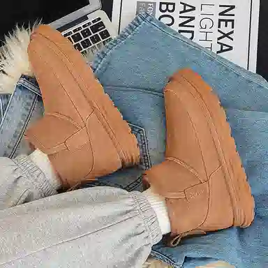 威世米邦 牛反绒 保暖防滑 厚底百搭 套筒一脚蹬 加绒舒适 短筒 雪地靴 男款 栗色