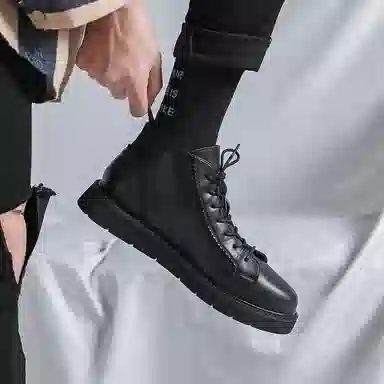 威世米邦 二层牛皮 潮流厚底高帮系带简约设计时尚百搭休闲马丁靴加绒保暖 短靴 男款 黑色