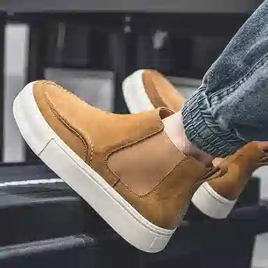 威世米邦 牛反绒 厚底百搭潮流复古英伦风一脚蹬户外雪地加绒保暖 短筒 切尔西靴 中跟 男款