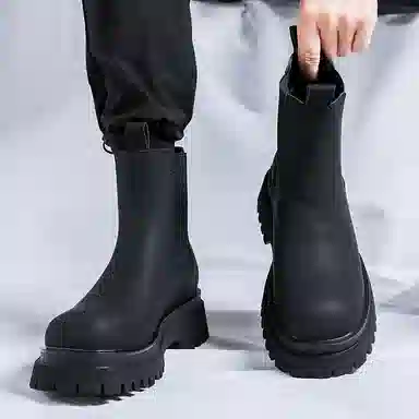 超纤皮 厚底时尚简约通勤休闲复古户外 短筒 切尔西靴 中跟 男款 经典黑色