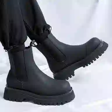 超纤皮 厚底时尚简约通勤休闲复古户外 短筒 切尔西靴 中跟 男款 经典黑色