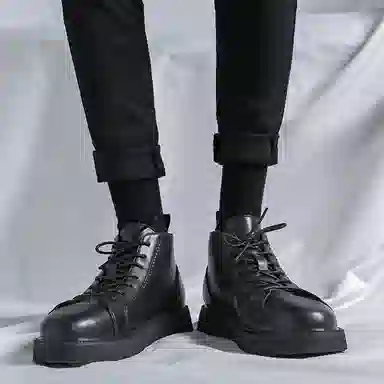 威世米邦 二层牛皮 潮流厚底高帮系带简约设计时尚百搭休闲马丁靴加绒保暖 短靴 男款 黑色