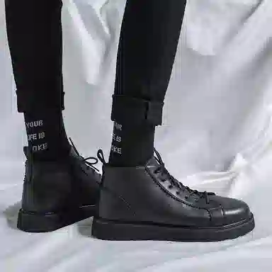 威世米邦 二层牛皮 潮流厚底高帮系带简约设计时尚百搭休闲马丁靴加绒保暖 短靴 男款 黑色