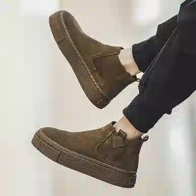 威世米邦 牛反绒 厚底百搭潮流复古英伦风一脚蹬户外雪地加绒保暖 短筒 切尔西靴 中跟 男款