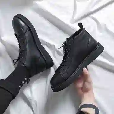 威世米邦 二层牛皮 潮流厚底高帮系带简约设计时尚百搭休闲马丁靴加绒保暖 短靴 男款 黑色