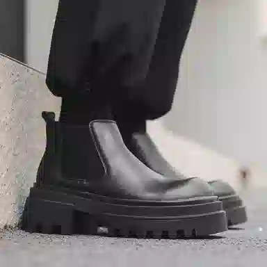 威世米邦 超纤皮 一脚蹬百搭 短筒 切尔西靴 中跟 男款 黑色