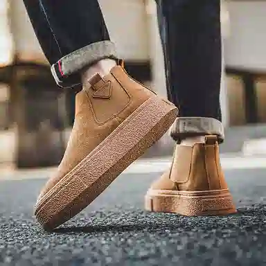 威世米邦 牛反绒 厚底百搭潮流复古英伦风一脚蹬户外雪地加绒保暖 短筒 切尔西靴 中跟 男款