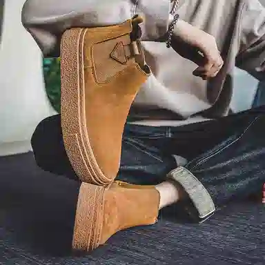 威世米邦 牛反绒 厚底百搭潮流复古英伦风一脚蹬户外雪地加绒保暖 短筒 切尔西靴 中跟 男款