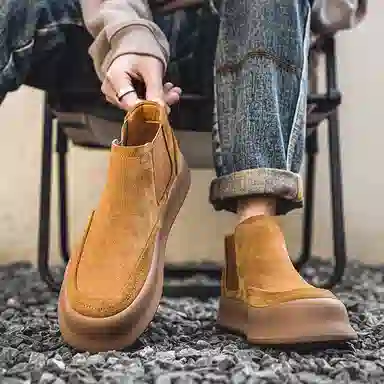 威世米邦 牛反绒 百搭舒适 厚底 短筒 切尔西靴 男款 棕色