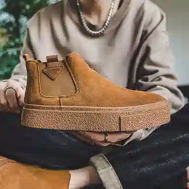 威世米邦 牛反绒 厚底百搭潮流复古英伦风一脚蹬户外雪地加绒保暖 短筒 切尔西靴 中跟 男款