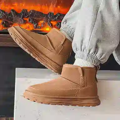 威世米邦 牛反绒 保暖防滑 厚底百搭 套筒一脚蹬 加绒舒适 短筒 雪地靴 男款 栗色