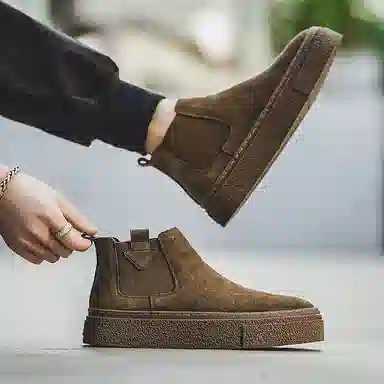 威世米邦 牛反绒 厚底百搭潮流复古英伦风一脚蹬户外雪地加绒保暖 短筒 切尔西靴 中跟 男款