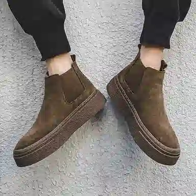 威世米邦 牛反绒 厚底百搭潮流复古英伦风一脚蹬户外雪地加绒保暖 短筒 切尔西靴 中跟 男款