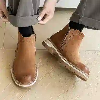 威世米邦 头层猪皮 百搭复古户外工装 潮流舒适 短筒 切尔西靴 男款