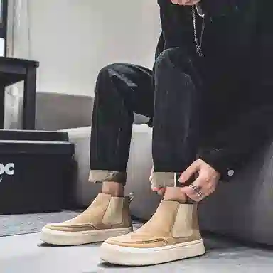 威世米邦 牛反绒 厚底百搭潮流复古英伦风一脚蹬户外雪地加绒保暖 短筒 切尔西靴 中跟 男款