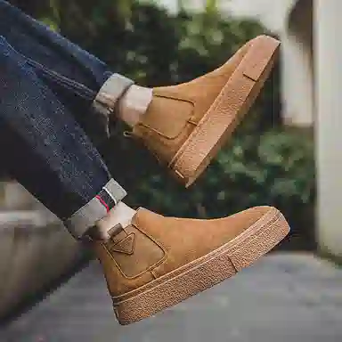 威世米邦 牛反绒 厚底百搭潮流复古英伦风一脚蹬户外雪地加绒保暖 短筒 切尔西靴 中跟 男款