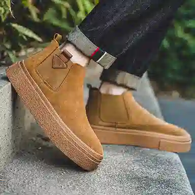 威世米邦 牛反绒 厚底百搭潮流复古英伦风一脚蹬户外雪地加绒保暖 短筒 切尔西靴 中跟 男款