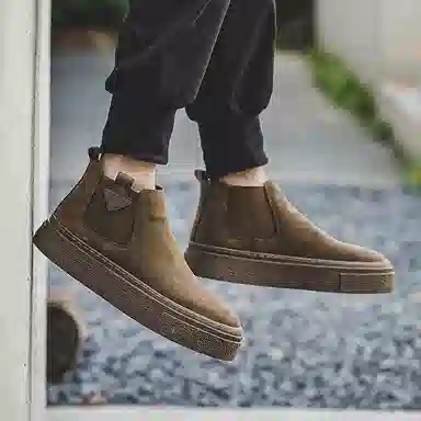 威世米邦 牛反绒 厚底百搭潮流复古英伦风一脚蹬户外雪地加绒保暖 短筒 切尔西靴 中跟 男款