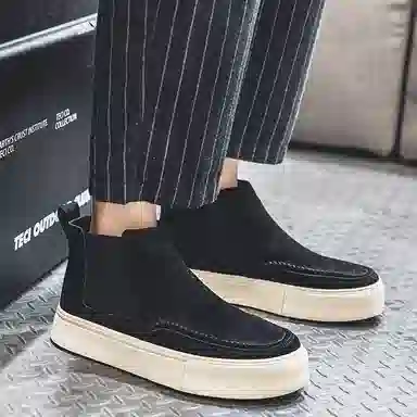 威世米邦 牛反绒 厚底百搭潮流复古英伦风一脚蹬户外雪地加绒保暖 短筒 切尔西靴 中跟 男款