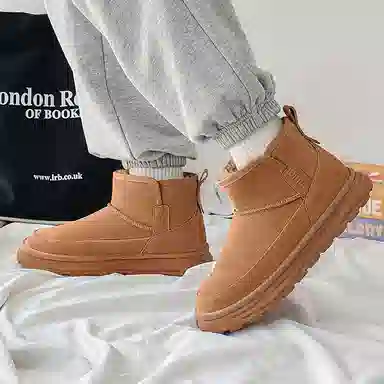 威世米邦 牛反绒 保暖防滑 厚底百搭 套筒一脚蹬 加绒舒适 短筒 雪地靴 男款 栗色