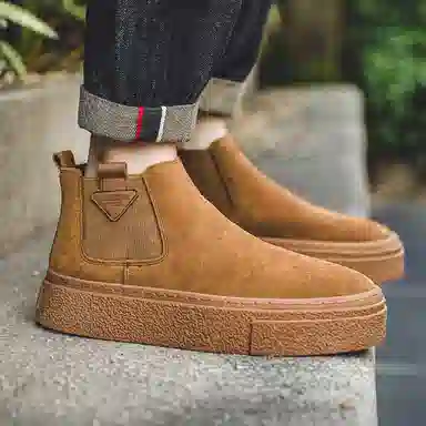 威世米邦 牛反绒 厚底百搭潮流复古英伦风一脚蹬户外雪地加绒保暖 短筒 切尔西靴 中跟 男款