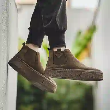 威世米邦 牛反绒 厚底百搭潮流复古英伦风一脚蹬户外雪地加绒保暖 短筒 切尔西靴 中跟 男款