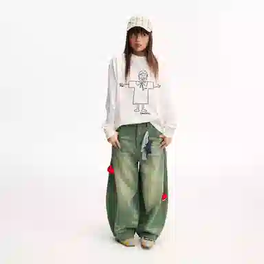 Mr. Jiangnan Retro Plush Apple Pin Wide Leg Jeans