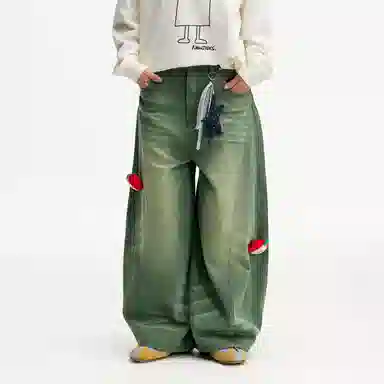 Mr. Jiangnan Retro Plush Apple Pin Wide Leg Jeans