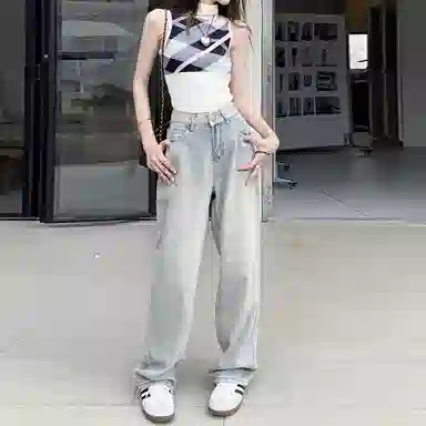 淑好百 有弹力宽松高腰直筒牛仔裤 女款 浅蓝色