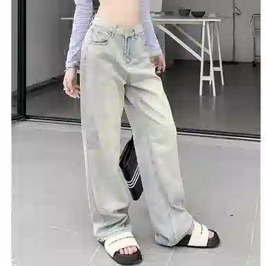 淑好百 有弹力宽松高腰直筒牛仔裤 女款 浅蓝色