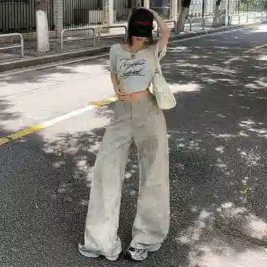 淑好百 宽松阔腿扎染牛仔裤 女款