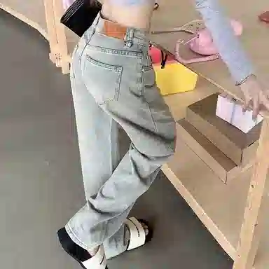 淑好百 有弹力宽松高腰直筒牛仔裤 女款 浅蓝色