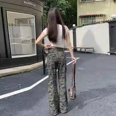 淑好百 迷彩工装夏季高腰牛仔裤 女款